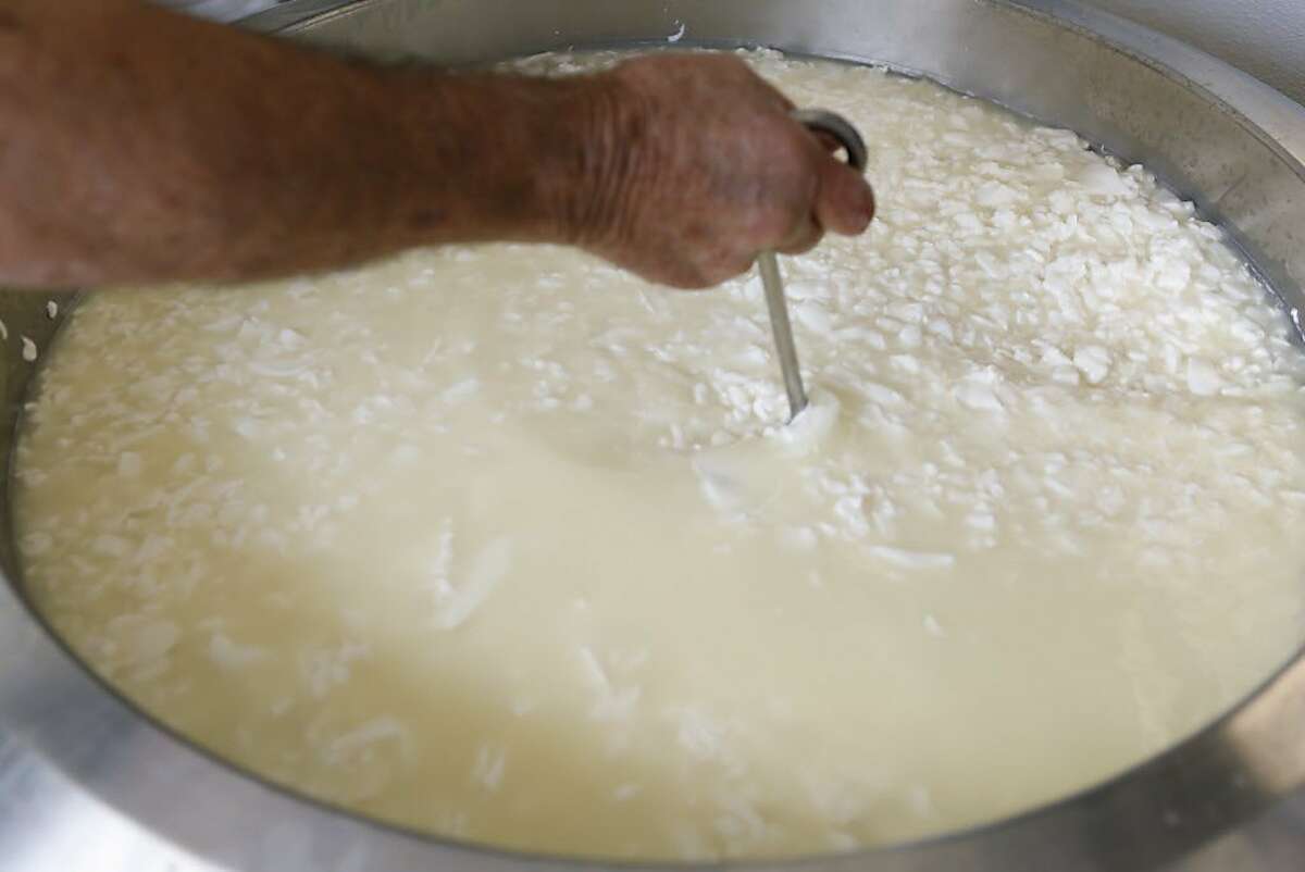 Don DeBernardi stirs curds while making cheese on Thursday, April 2, 2015 in Petaluma, Calif. DeBernardi makes small batches of cheese at his dairy farm, Two Rock Valley Goat Cheese.