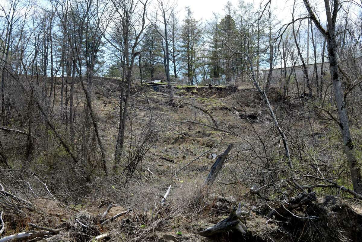 Site of the 2015 landslide at Normanside Country Club on Tuesday, April 19, 2016, in Bethlehem, N.Y. A large portion of earth and debris slid down the hill and blocked the Normans Kill at Capital Hills at Albany Golf Course. (Will Waldron/Times Union)