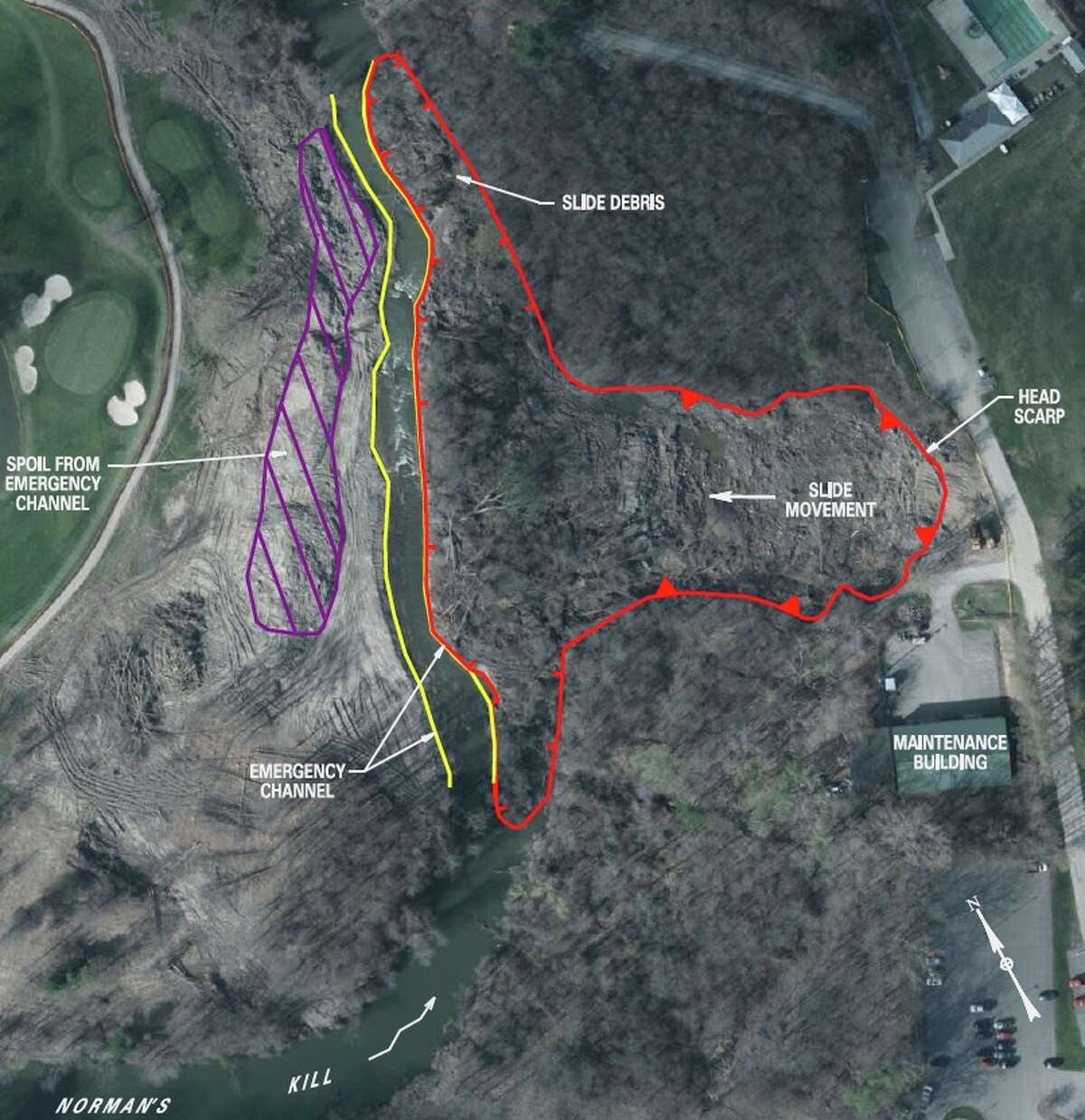 This state Department of Transportation site plan shows the location of the Normans Kill landslide and the emergency channel dug around it relative to the Normanskill Country Club in Bethlehem (right) and Albany's Capital Hills Golf Course (left). (NYS Department of Transportation)