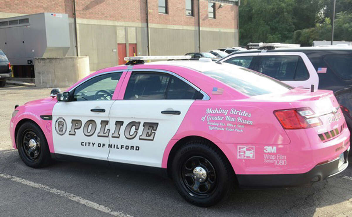 A Milford police cruiser is outfitted in pink to mark Breast Cancer Awareness Month.