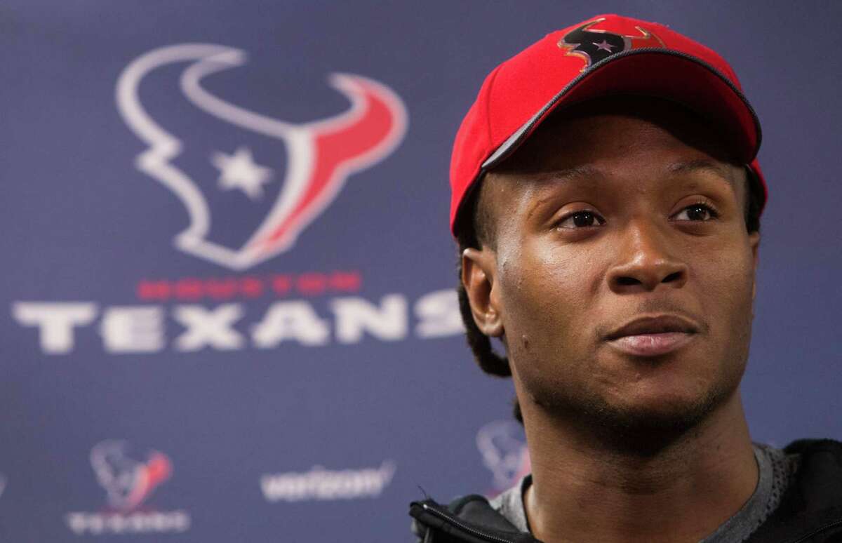 Houston Texans wide receiver DeAndre Hopkins listens to questions during a news conference at NRG Stadium on Wednesday, April 20, 2016, in Houston.