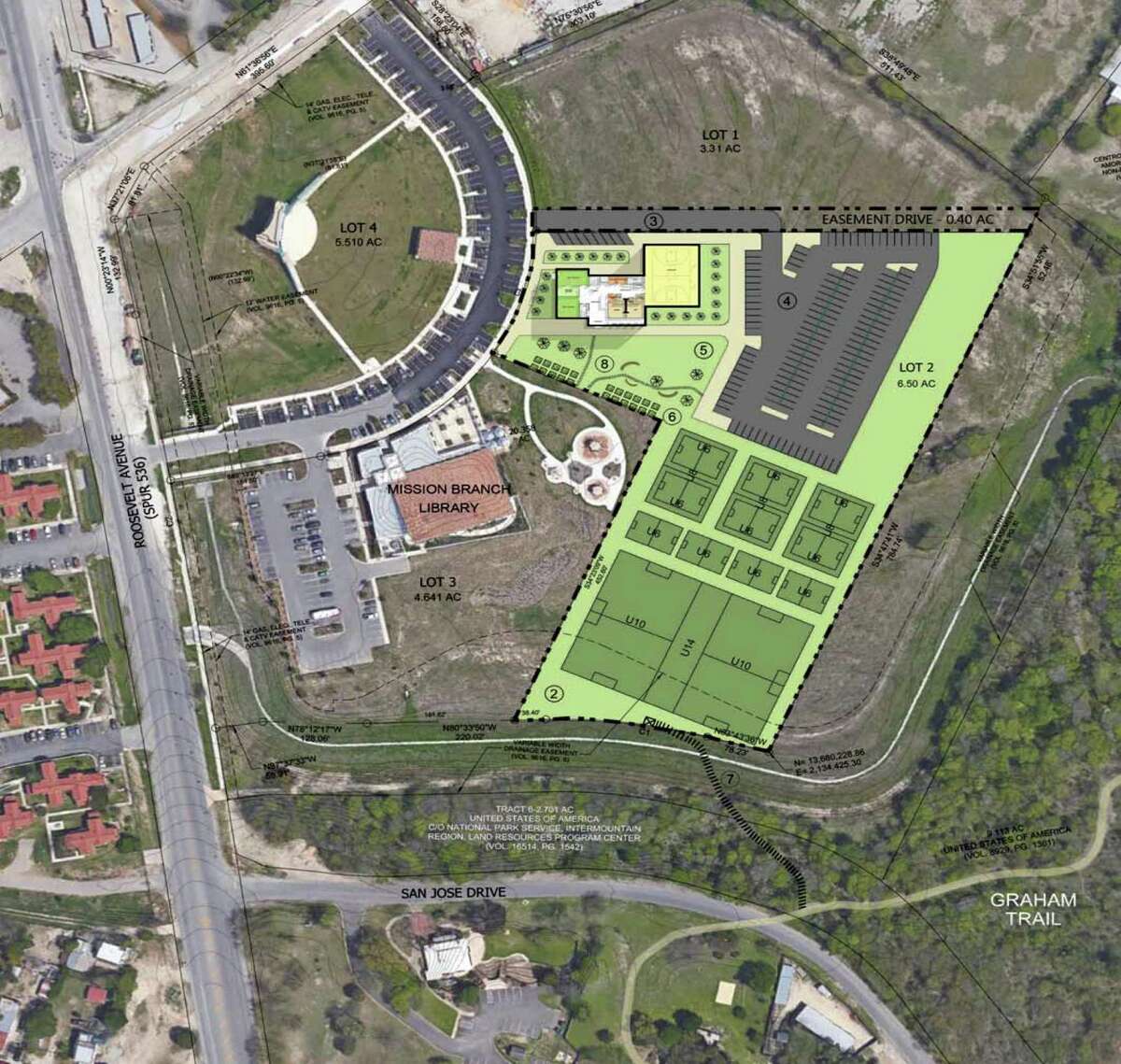 An aerial rendering shows the location of a proposed YMCA facility in the Mission Reach district near Mission San José.