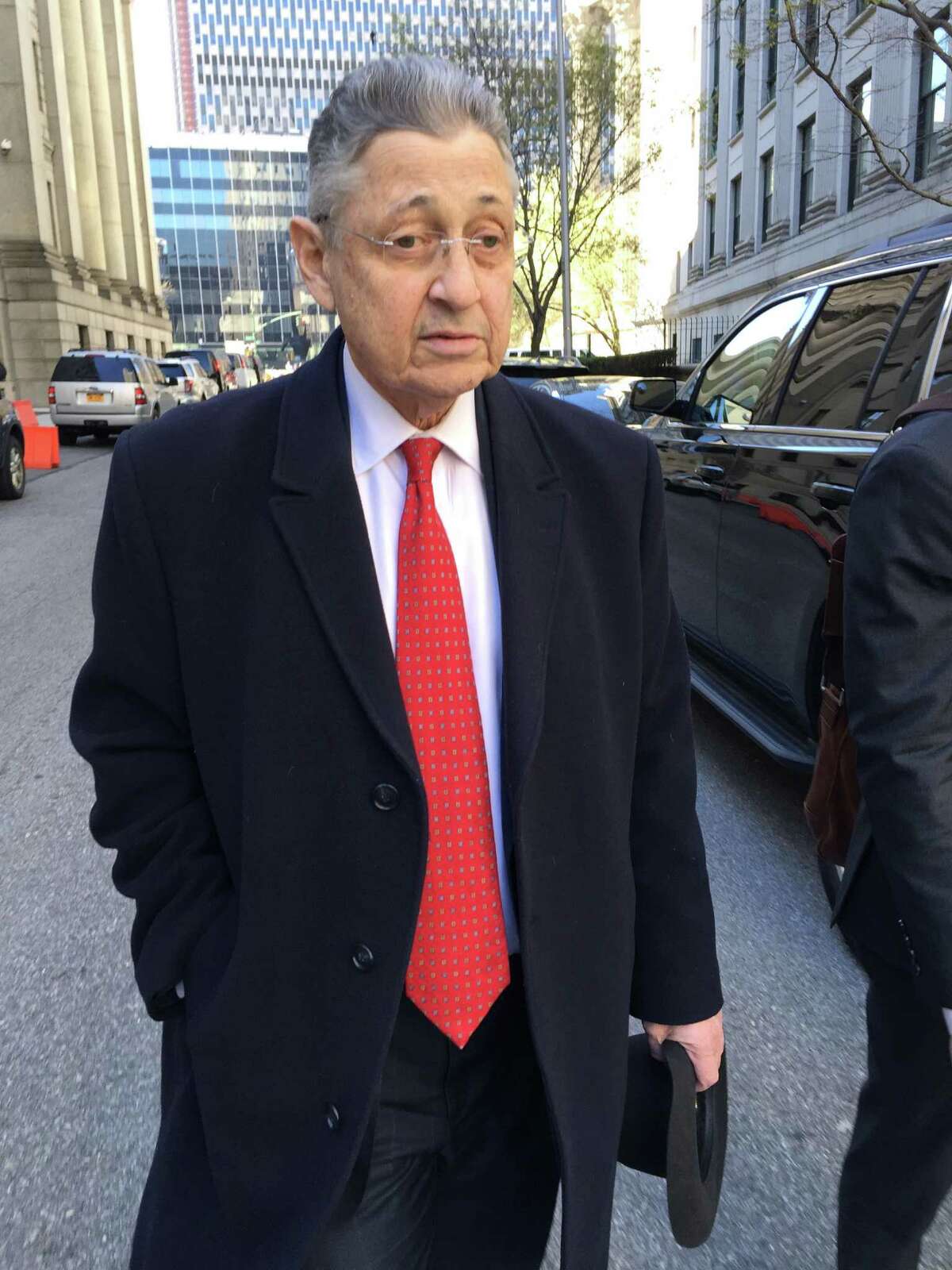 In this April 14, 2016 photo, former New York Assembly Speaker Sheldon Silver leaves court in New York. A judge says she plans to release information on Friday, April 15, that puts another blemish on the former Assembly Speaker's record in office. The 72-year-old Democrat was convicted in November in a $5 million corruption case. (AP Photo/Larry Neumeister)