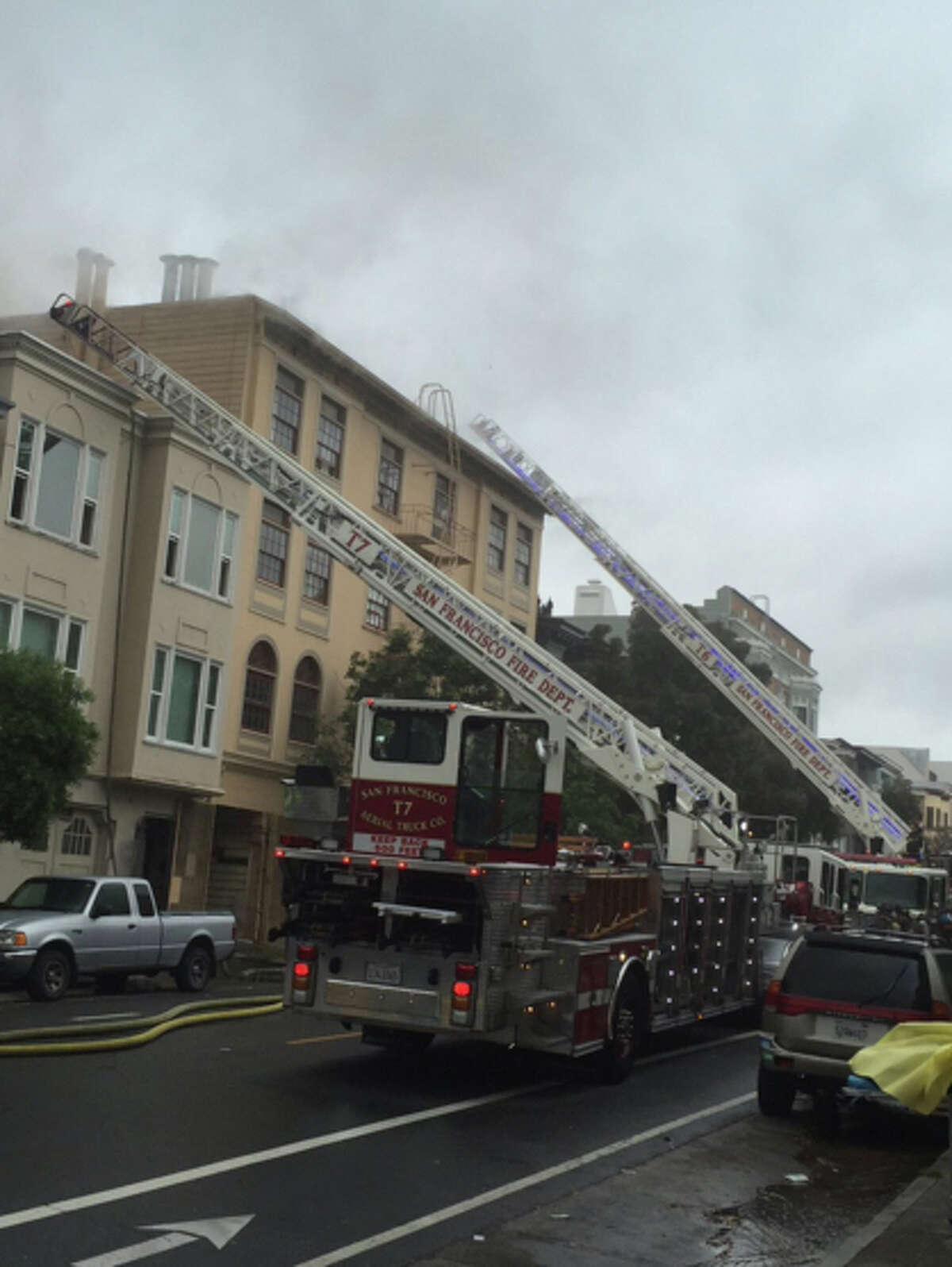 A two-alarm fire broke out in an four-story apartment building in San Francisco’s Mission District on Thursday, April 21, 2016.