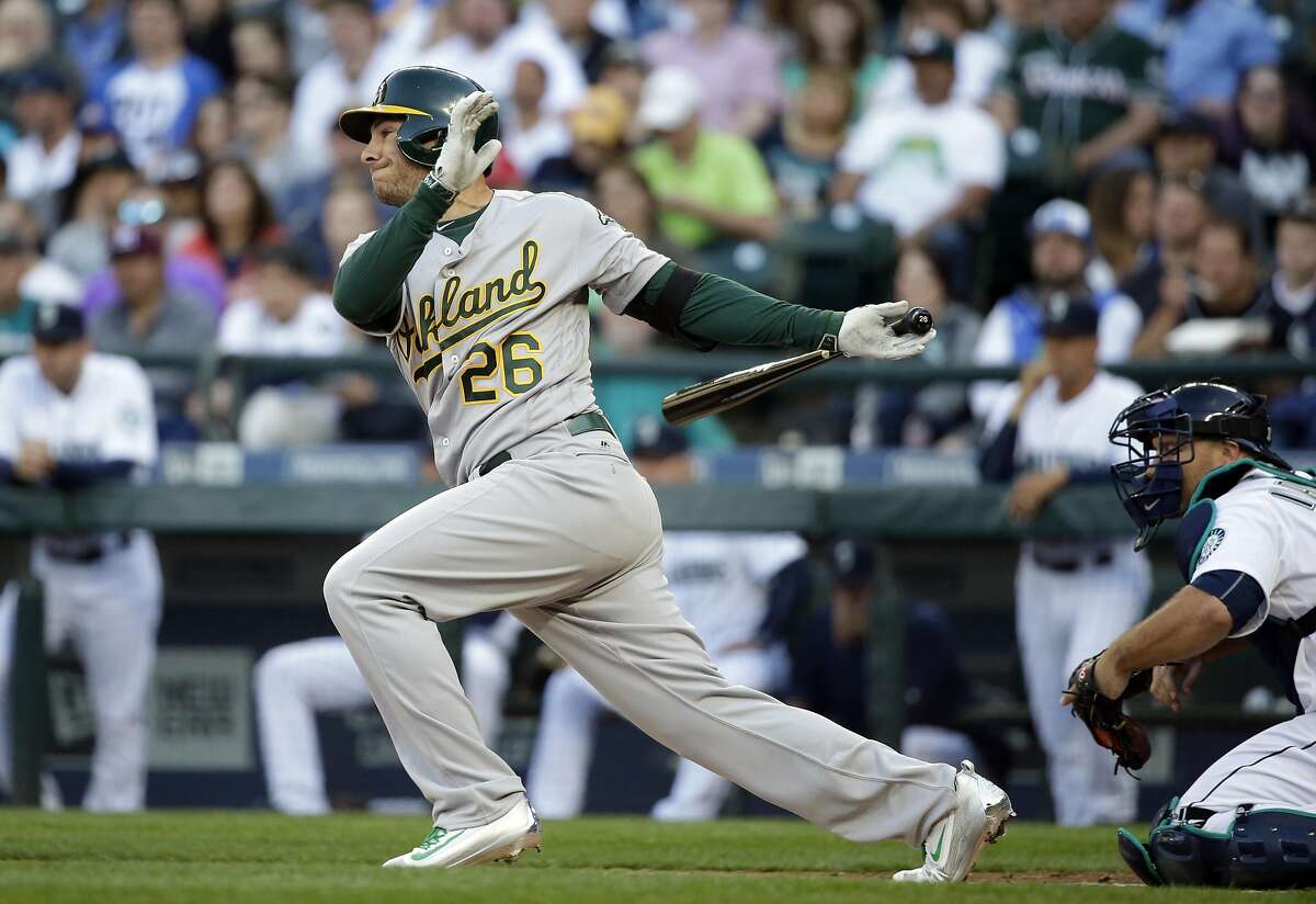 Oakland Athletics' Danny Valencia in action against the Seattle Mariners in a baseball game Saturday, April 9, 2016, in Seattle. (AP Photo/Elaine Thompson)