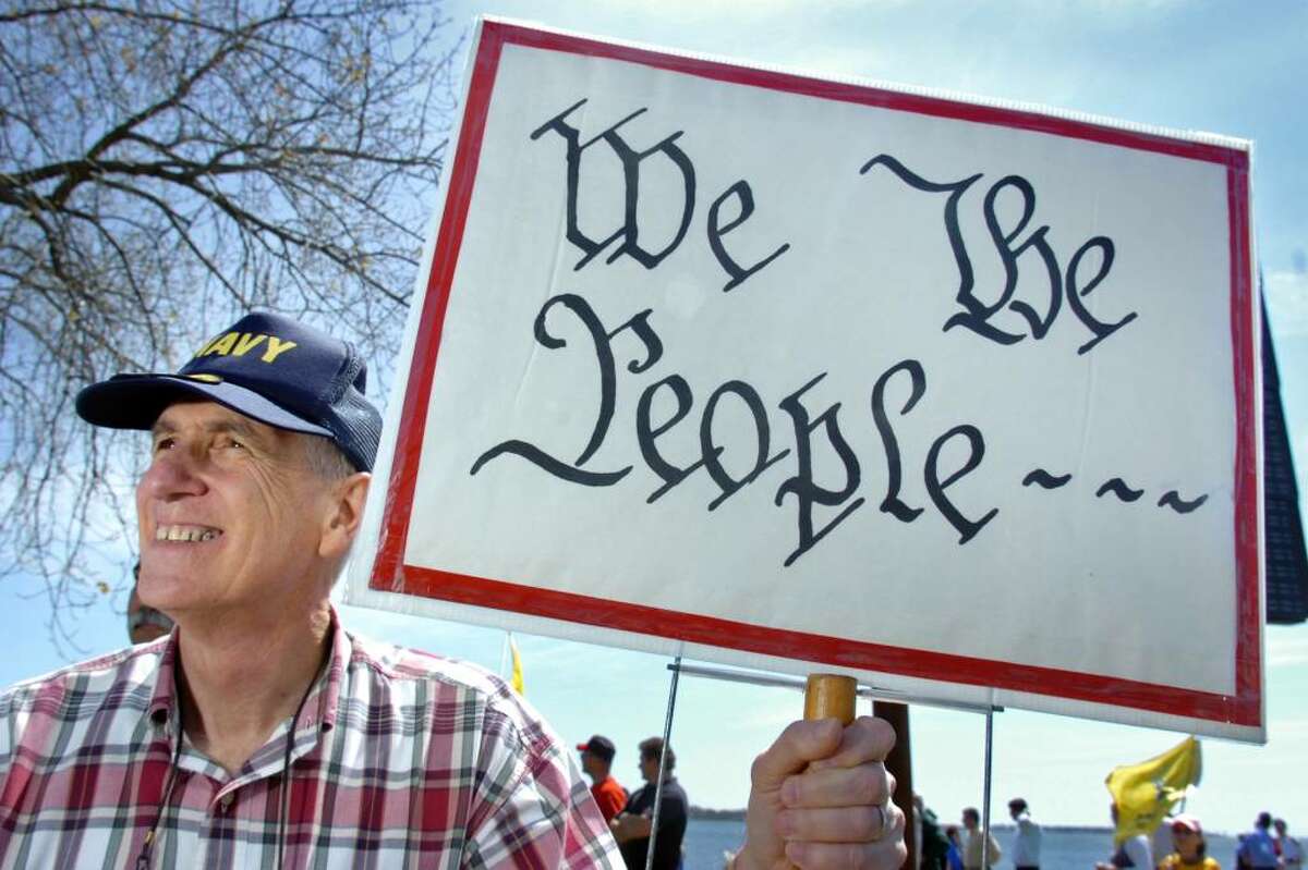 Harold Camacho, of Milford, takes part in the Tax Day Tea Party in New Haven Thursday, April 15th, 2010.