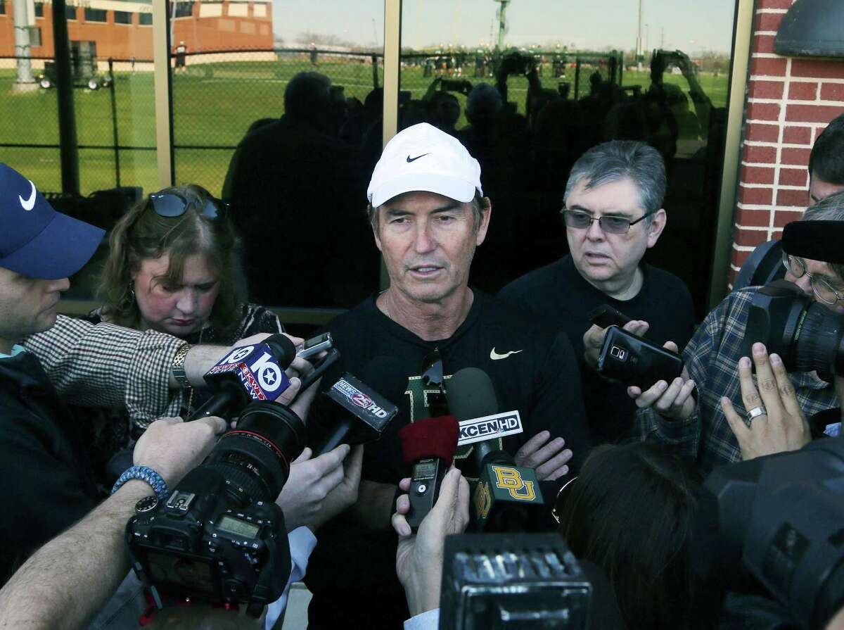 Baylor head football coach Art Briles talks to the media during the first day of spring football drills, Thursday, Feb. 25, 2016, in Waco, Texas.