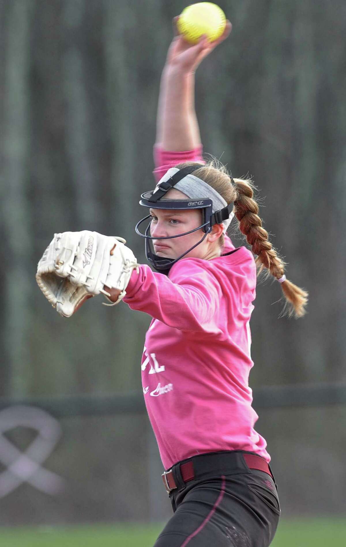 FILE PHOTO: Bethel's Annika Haskett (9) pitches in the girls high school softball game between Abbott Tech and Bethel high schools played at Freebairn Field, in Bethel, Conn, on Thursday night, April 23, 2015.