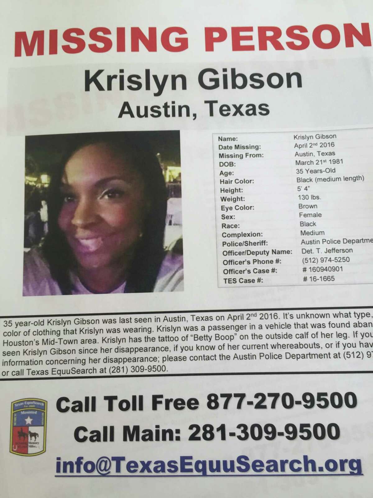 Photo 2 - Missing person photo from Krislyn Gibson, of the Houston area, who was last seen in Austin the weekend of April 1 with her long-time friend, Sidney Taylor. She works for ExxonMobil and is a single mother with an 8-year-old son. (Photo by Dane Schiller)