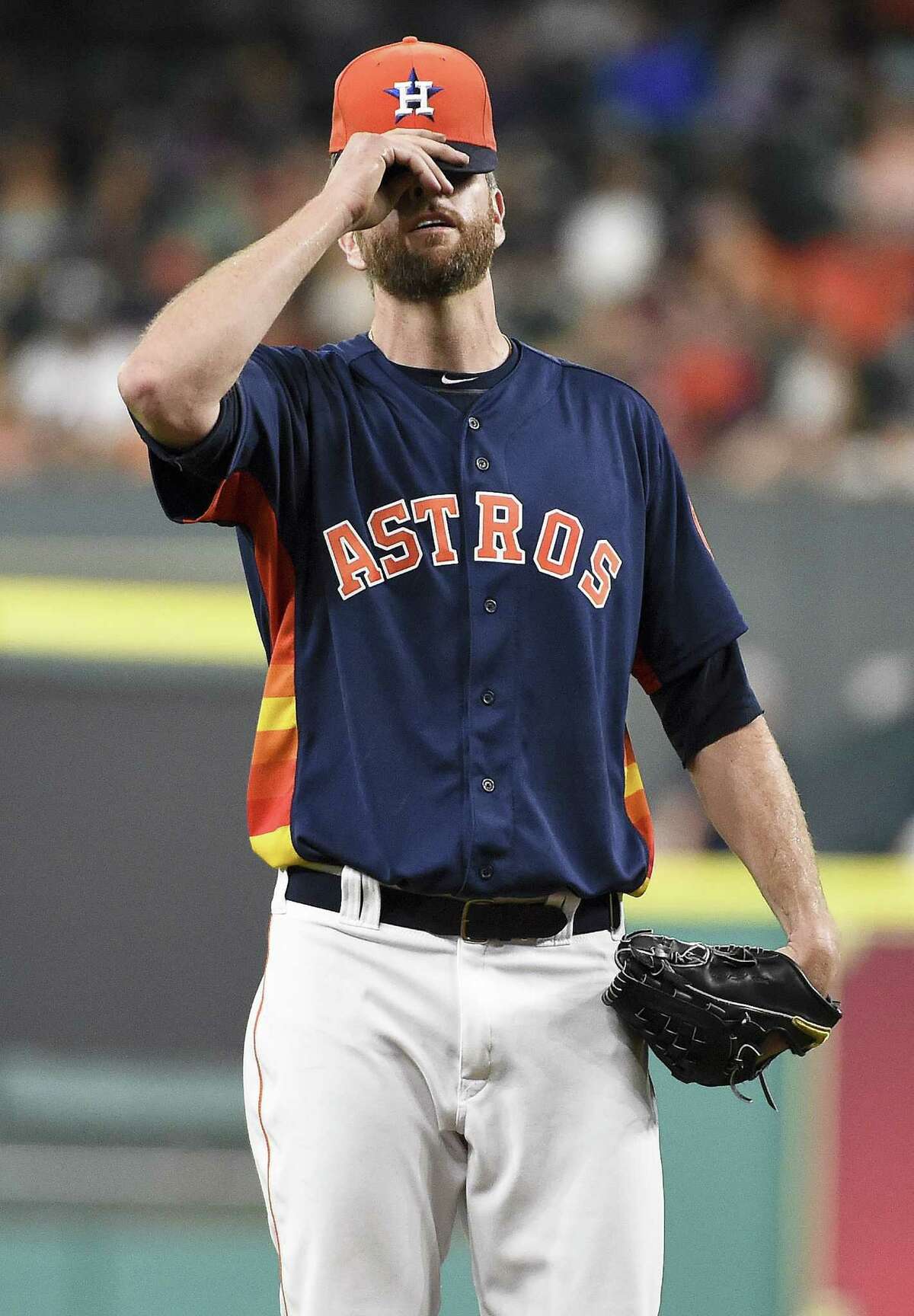 April 24: Red Sox 7, Astros 5 (12 innings) HOUSTON, TX - APRIL 24: Scott Feldman #46 of the Houston Astros reacts after giving up an RBI single to Brock Holt #12 of the Boston Red Sox to put the Red Sox up 3-0 during the first inning at Minute Maid Park on April 24, 2016 in Houston, Texas.