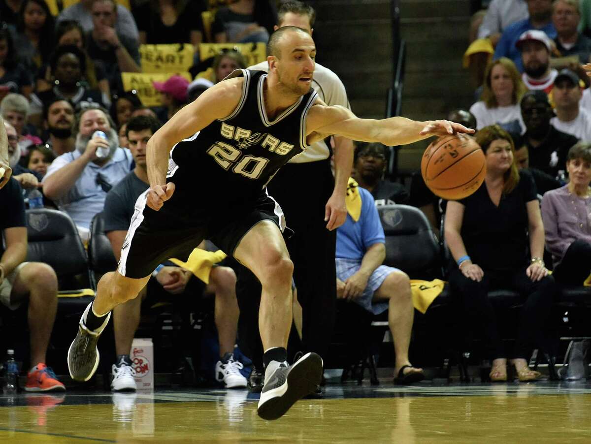 Manu Ginobili of the San Antonio Spurs chases a loose ball during the first half of Game4 against the Memphis Grizzlies of the first round of the NBA playoffs at FedEx Forum on April 24, 2016.