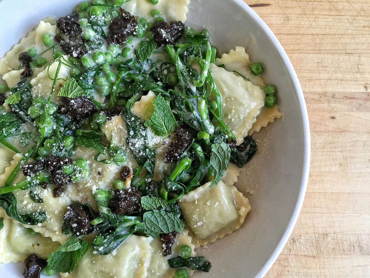 Spring pea and mint ravioli with black garlic dressing from Gobble