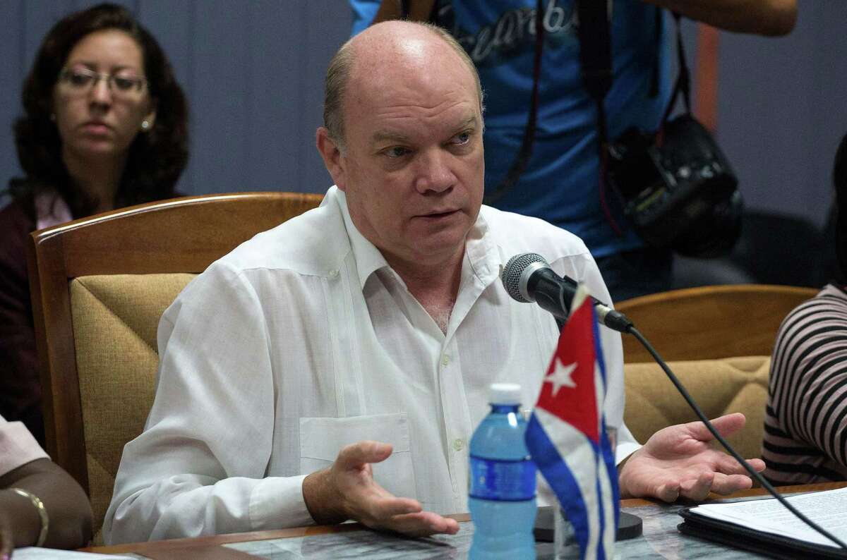 Cuba's Foreign Trade minister Rodrigo Malmierca speaks during a meeting with US Texas Governor Greg Abbott (out of frame) in Havana on December 2, 2015. Abbott is on a two-day visit to Cuba with a business delegation looking to reintroduce Texas agricultural products to a growing Cuban market. AFP PHOTO / POOL-DESMOND BOYLANDESMOND BOYLAN/AFP/Getty Images
