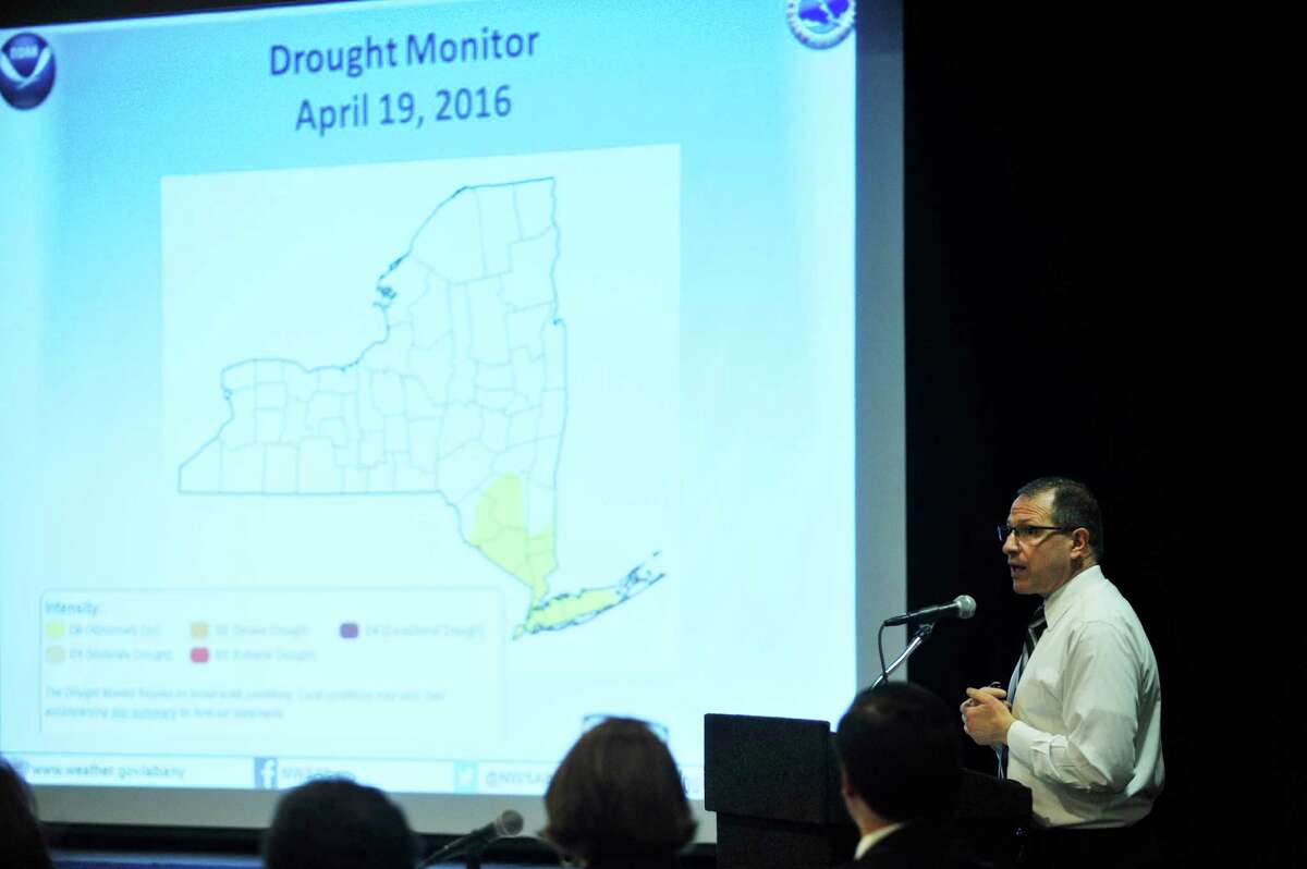 Steve DiRienzo, a warming coordination meteorologist, National Weather Service gives a briefing on weather conditions for the spring and summer during a meeting of the New York State Disaster Preparedness Commission on Tuesday, April 26, 2016, in Albany, N.Y. (Paul Buckowski / Times Union)