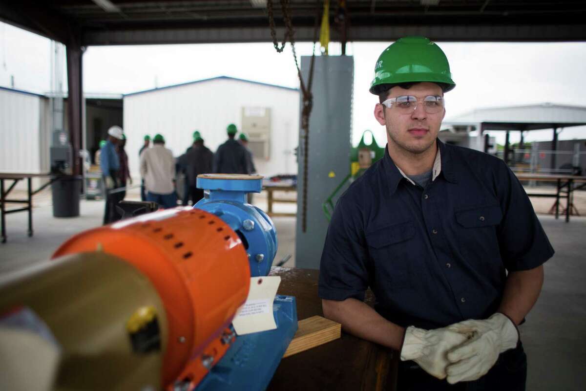 Jared Pitts, 22, is on his fifth training week at the Fluor U.S Gulf Coast Craft Training Center where he is training to become a millwright who will install, align and maintain the motors and pumps that move materials though pipelines. Tuesday, April 26, 2016, in Pasadena.