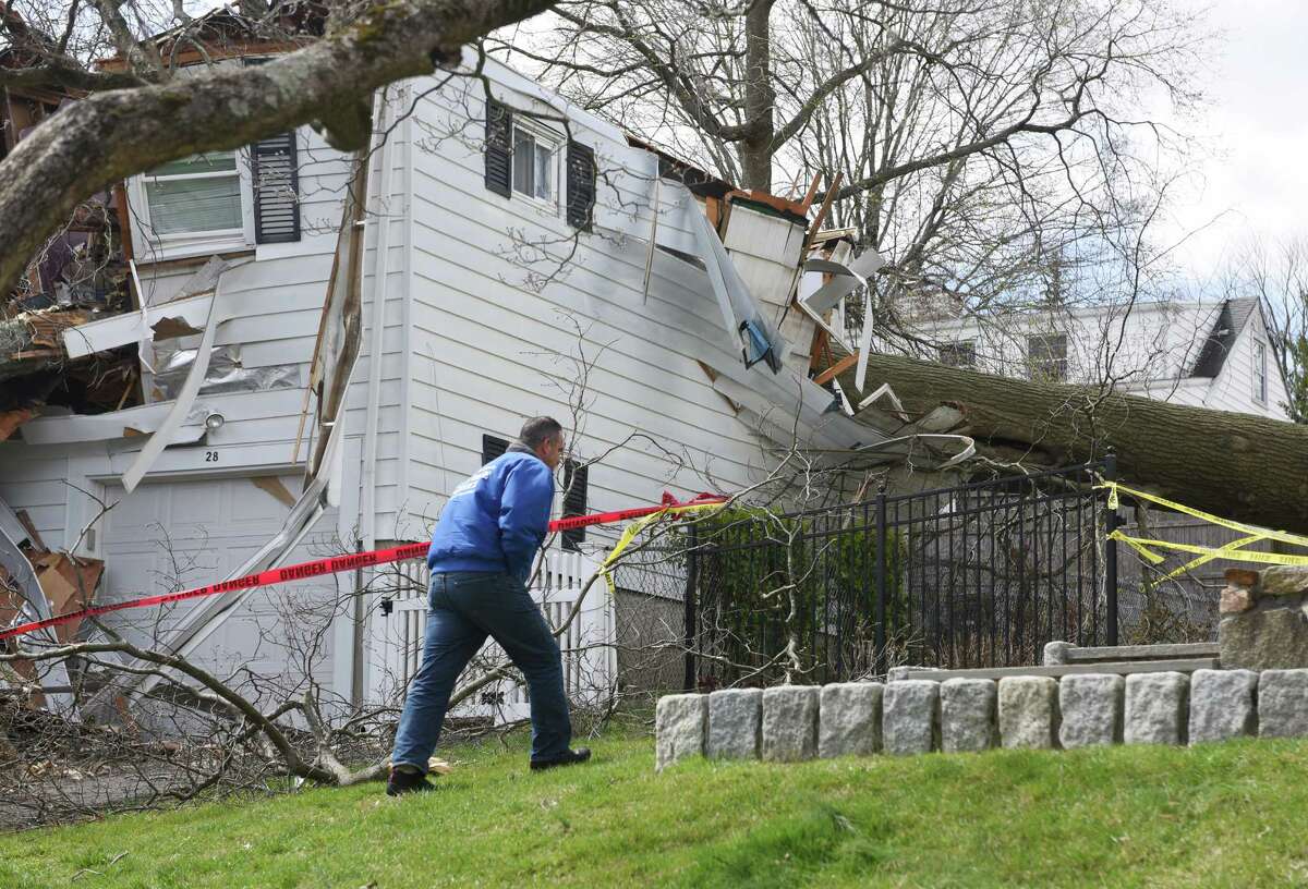 High winds caused a tree to fall through a house on Elmbrook Drive in Stamford, Conn. on April 3, 2016. In mid-April 2016, Gov. Dannel P. Malloy announced stiffer building codes are on the way for new construction and renovations, to include impact-resistant windows and ties designed to tether roofs more securely to structures.