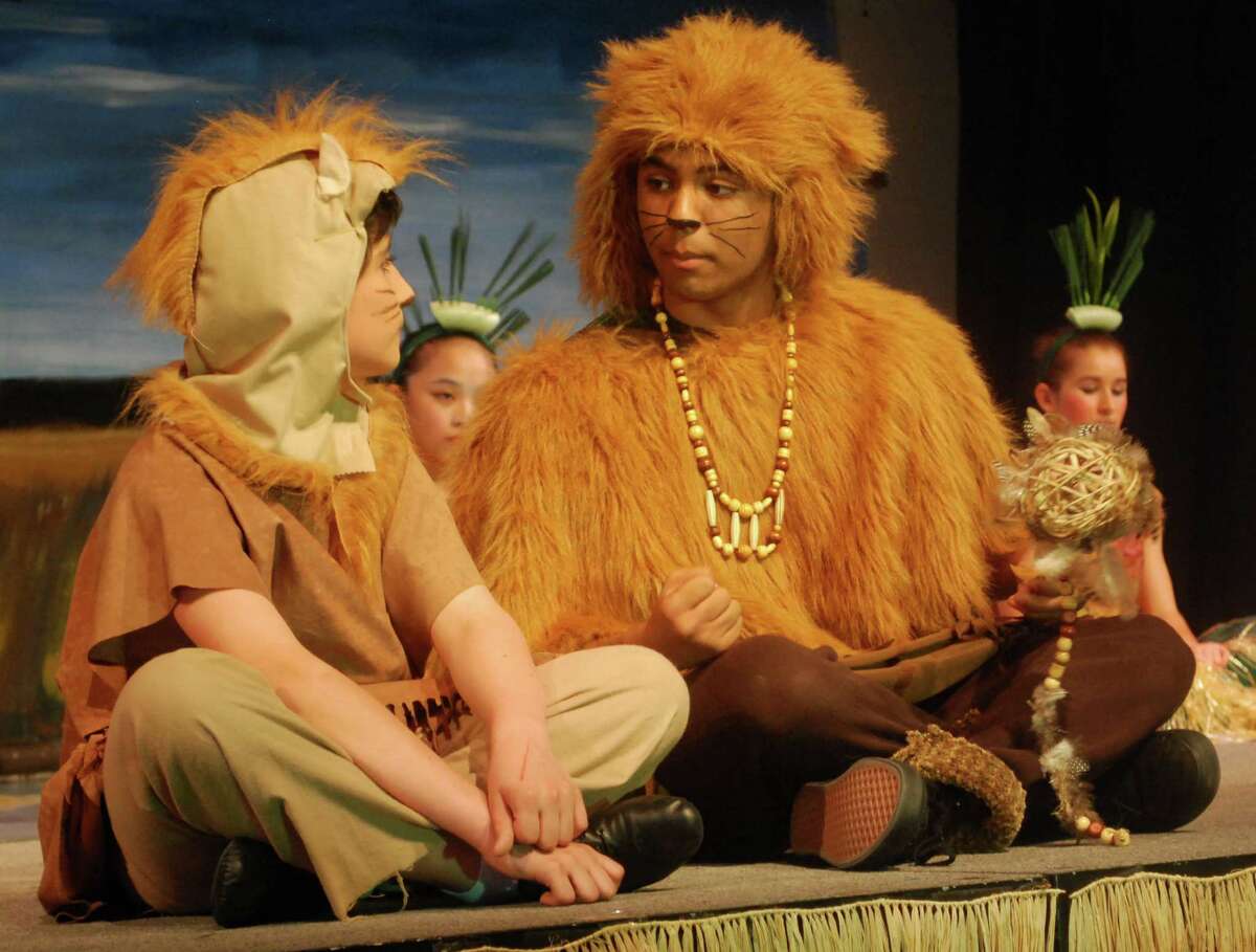 Mufasa, portrayed by Rey Matos, right, offers words of wisdom to his son, Simba, played by Ian McNulty during a rehearsal of Schaghticoke Middle School's production of "The Lion King Jr."