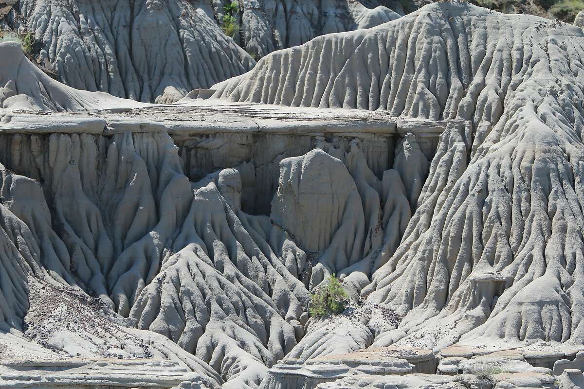 The landscape in Dinosaur Provincial Park near Brooks, Alberta, is full of bizarre formations, eroded cliffs and hoodoos, sandstone pillars capped by rocks.
