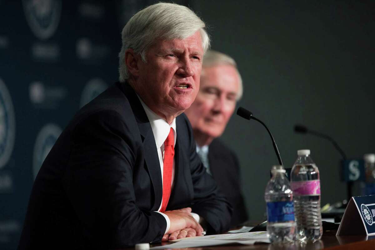 Future Mariners chairman John Stanton speaks during a press conference with current chairman and CEO Howard Lincoln on a change of ownership at Safeco Field on Wednesday, April 27, 2016.