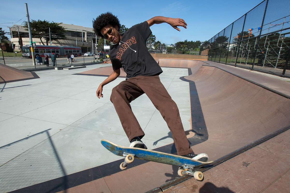 Miles Thomas, 17, skates at Balboa Park before his class starts on Friday, April 29, 2016 in San Francisco, Calif. Prop B would provide $3 million a year for parks from the city's general fund. Thomas said there's not many accessible skate parks and would like to see more made out of concrete, which Thomas said it's a better material to skate on.