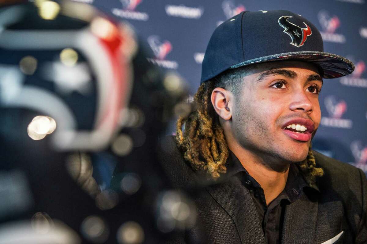 Houston Texans top draft pick, Notre Dame wide receiver Will Fuller, answers questions during a news conference at NRG Stadium on Friday, April 29, 2016, in Houston.