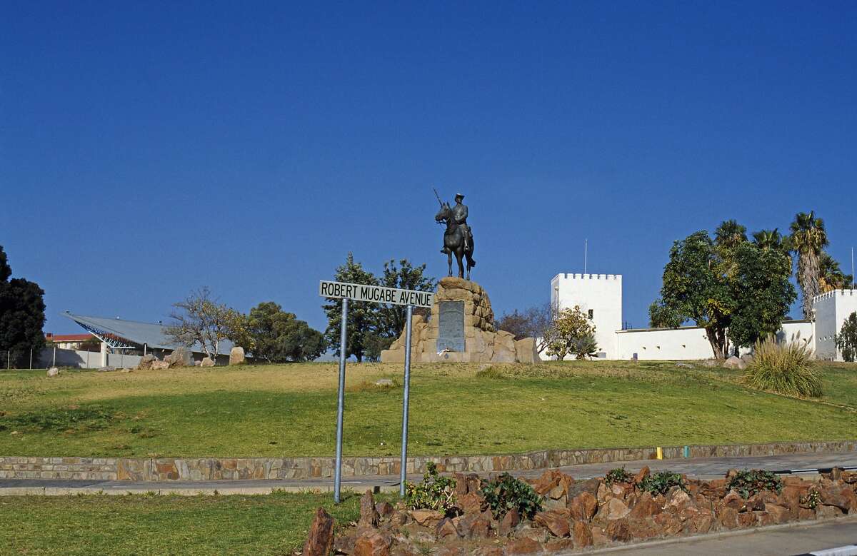 Namibia, Windhoek. River Memorial, General von Trotha, pacified the Herero & Nama people, 1904-1907. Alte Feste Fort behind