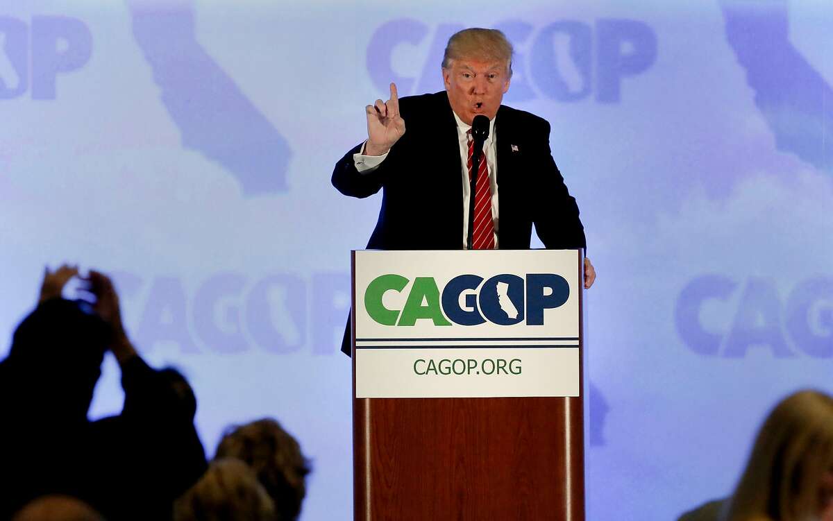 Republican Presidential candidate Donald Trump kicks off the California Republican Party convention on Fri. April 29, 2016, in Burlingame, California.