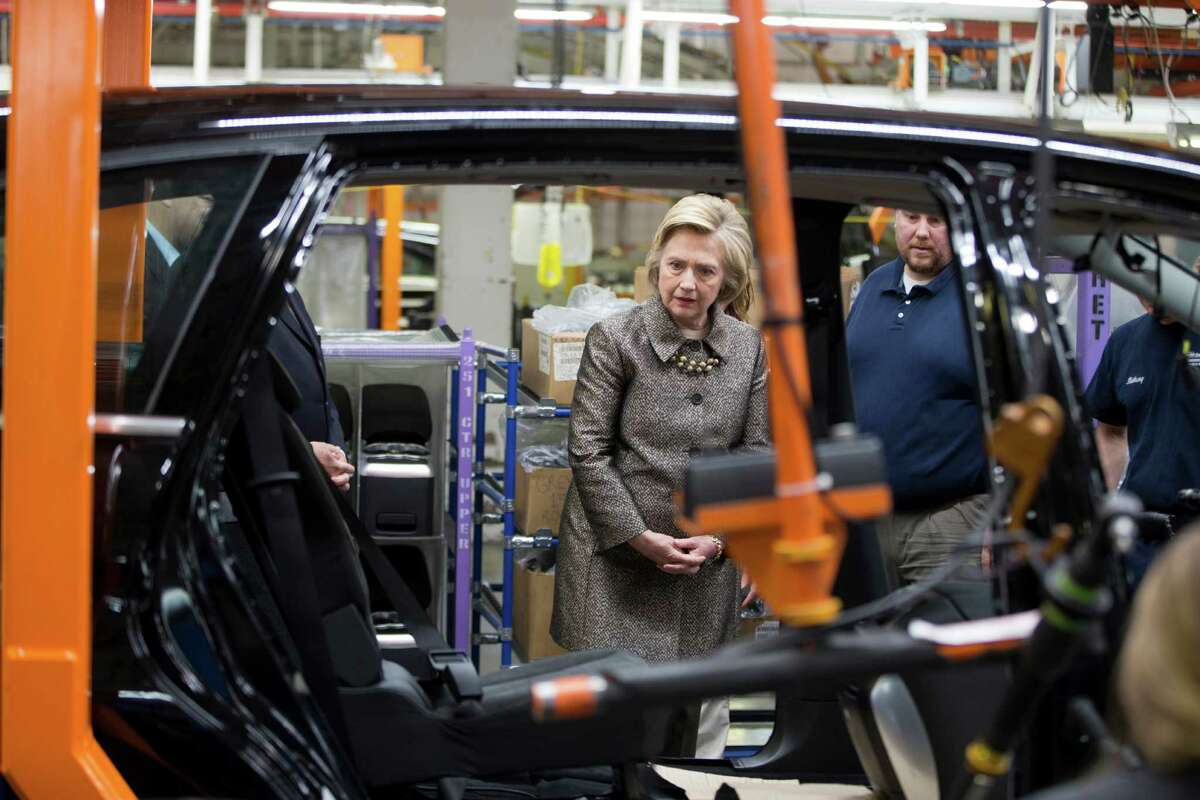 Democratic presidential candidate Hillary Clinton visits an AM General plant, Tuesday, April 26, 2016, in Mishawaka, Ind. (AP Photo/Matt Rourke)