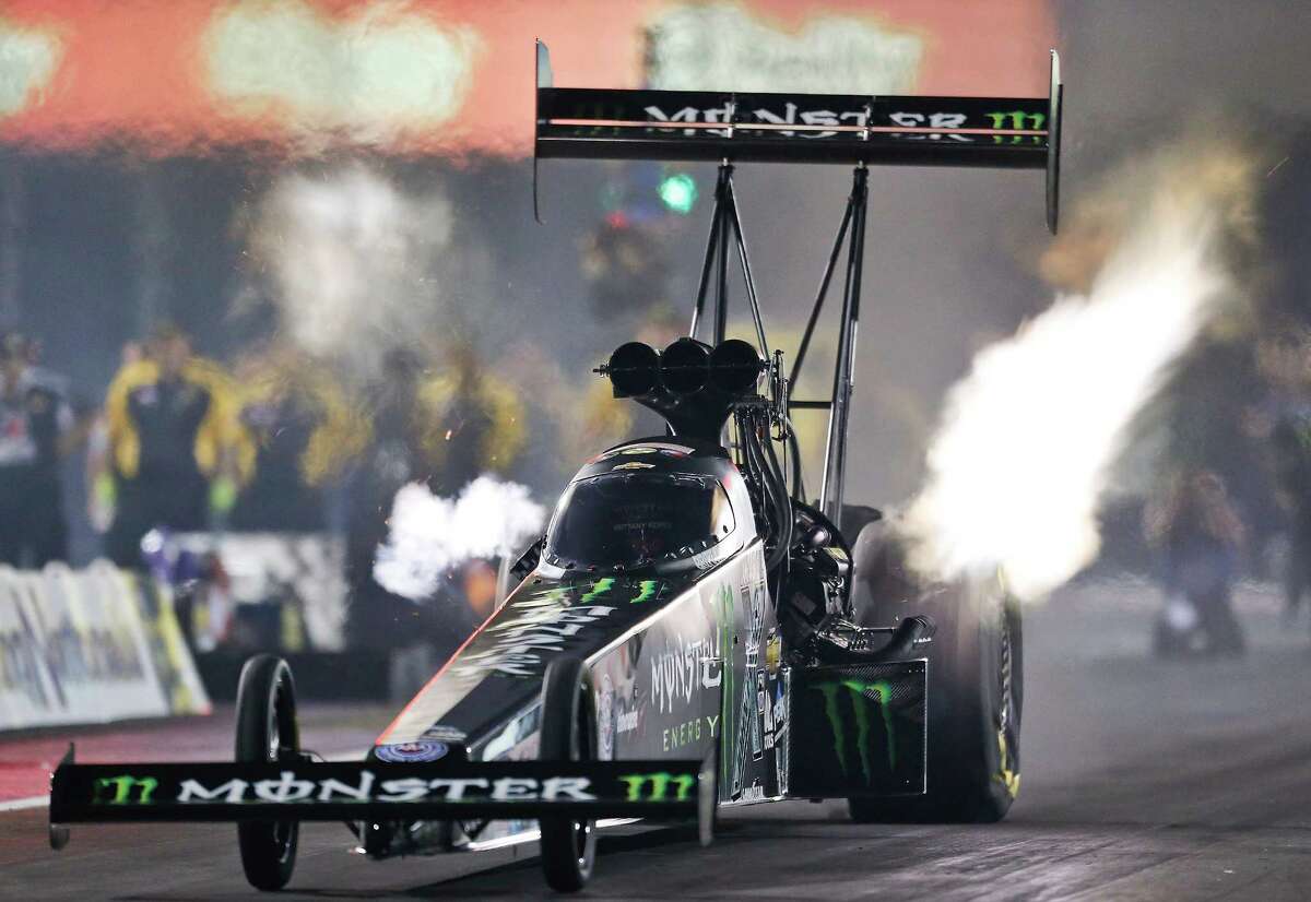 Top Fuel driver Brittany Force comes off the line during second-round qualifying in the NHRA SpringNationals at Royal Purple Raceway in Baytown. She is seventh after her 3.761-second run at 298.54 mph.