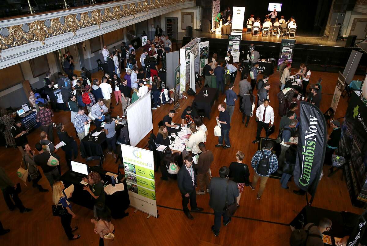 Job applicants meet with recruiters at a cannabis industry job fair in San Francisco, Calif. on Saturday, April 30, 2016.