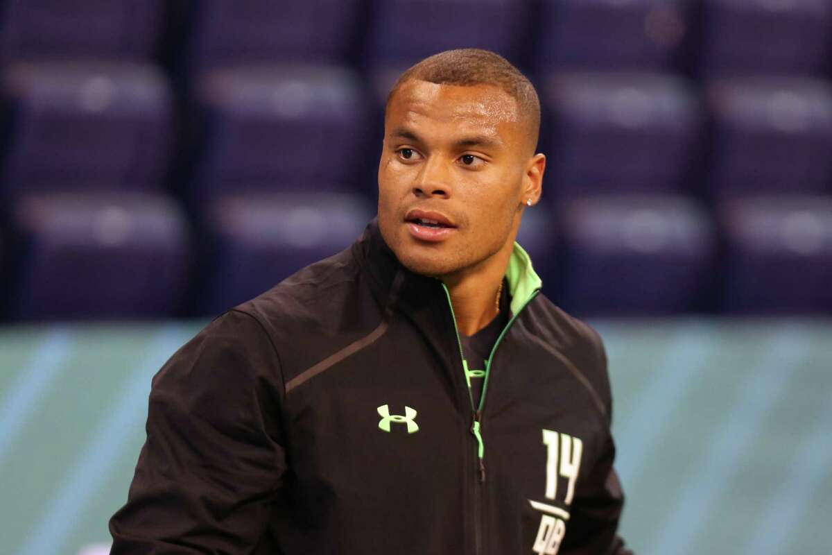 Mississippi State quarterback Dak Prescott is seen at the NFL football scouting combine Saturday, Feb. 27, 2016, in Indianapolis. (AP Photo/Gregory Payan)