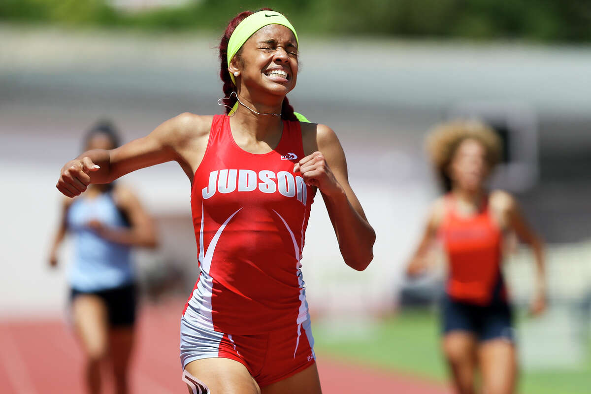 Judson’s Mariah Kuykendoll reacts after winning the 6A girls 400-meter dash during the finals of the Region IV-6A/5A track and field championships at Alamo Stadium on April 20, 2016. Kuykendoll set a new regional record in the event with a time of 54.63 seconds.