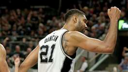 San Antonio Spurs' Tim Duncan reacts after a basket during second half action of Game 1 in the Western Conference semifinals against the Oklahoma City Thunder Saturday April 30, 2016 at the AT&T Center. The Spurs won 124-92.