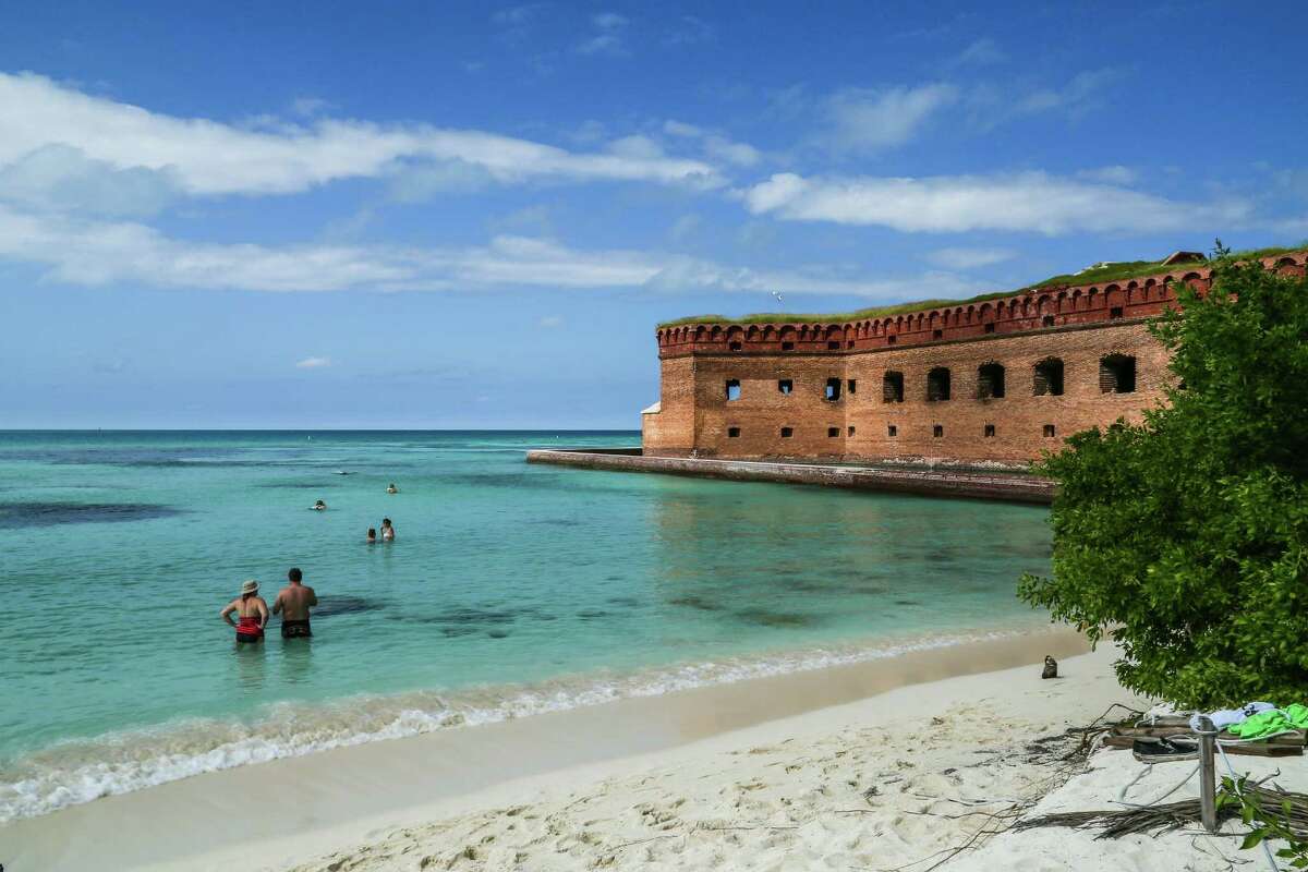 The azure-blue, crystal clear Caribbean waters aside Fort Jefferson teem with hundreds of thousands of multicolored tropical fish, making both swimming and snorkeling a spectacular treat.