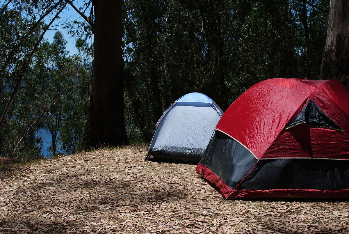 Walk-in campsites at Anthony Chabot Regional Park above Castro Valley in East Bay foothills provides glimpse of Lake Chabot below