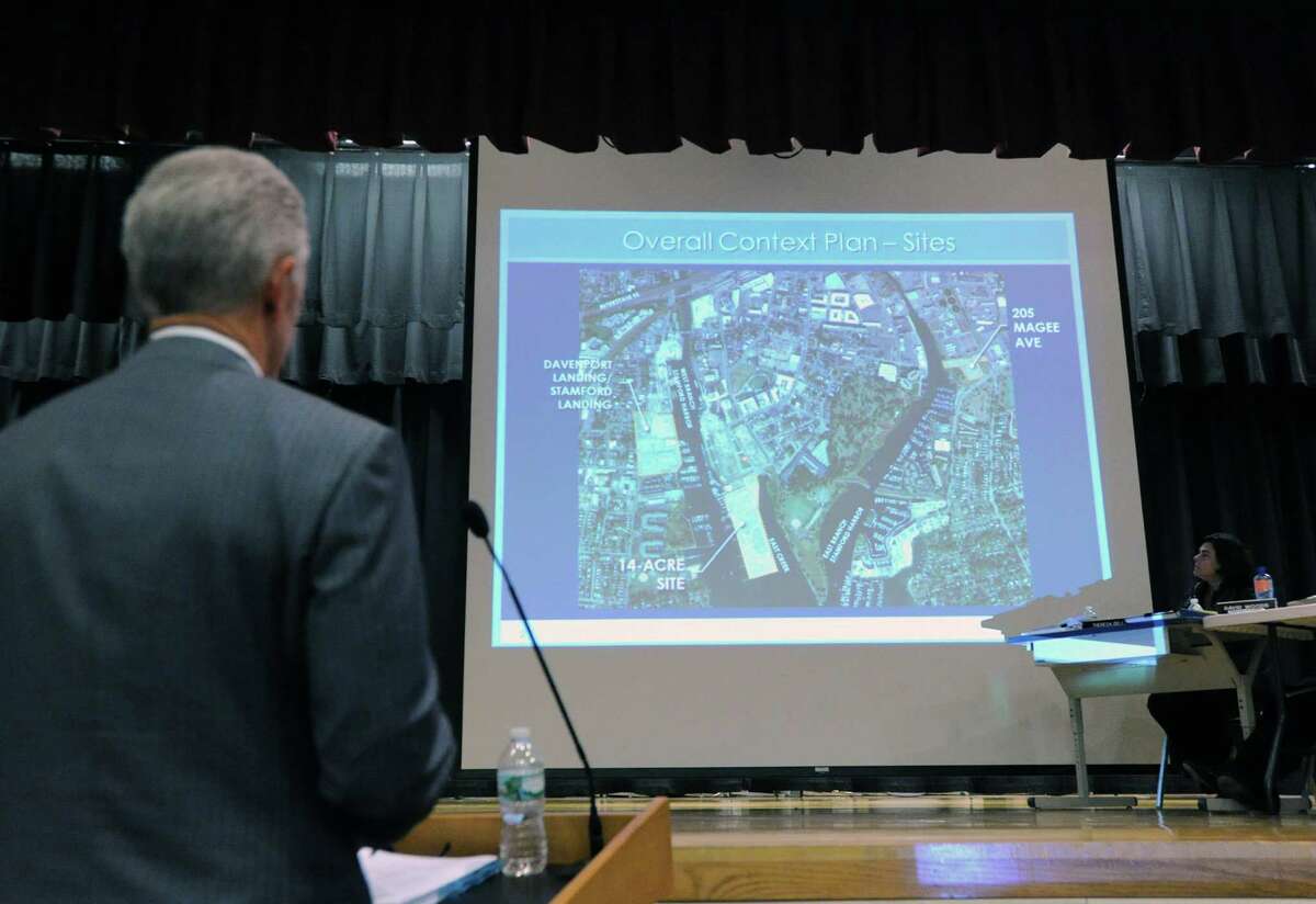 Attorney John Knuff speaks in front of the Stamford Planning Board during a meeting to review the Building and Land Technology's proposal to build housing, a boatyard and a marina on Southfield Avenue, the public meeting was held at Westover Magnet Elementary School, Stamford, Conn., Wednesday, Oct. 14, 2015. Knuff was representing Building and Land Technology.