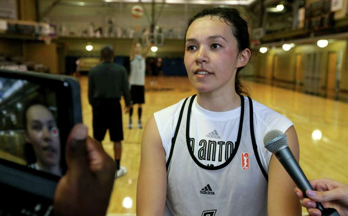 San Antonio Stars’ Kelsey Minato answers questions from the media after the first on-court day of training camp held Monday April 25, 2016 at the Antioch Sports Complex.