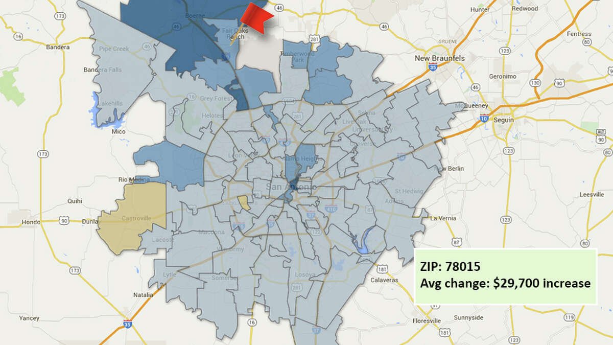 Map: 2016 changes in residential property for Bexar County ZIP codes