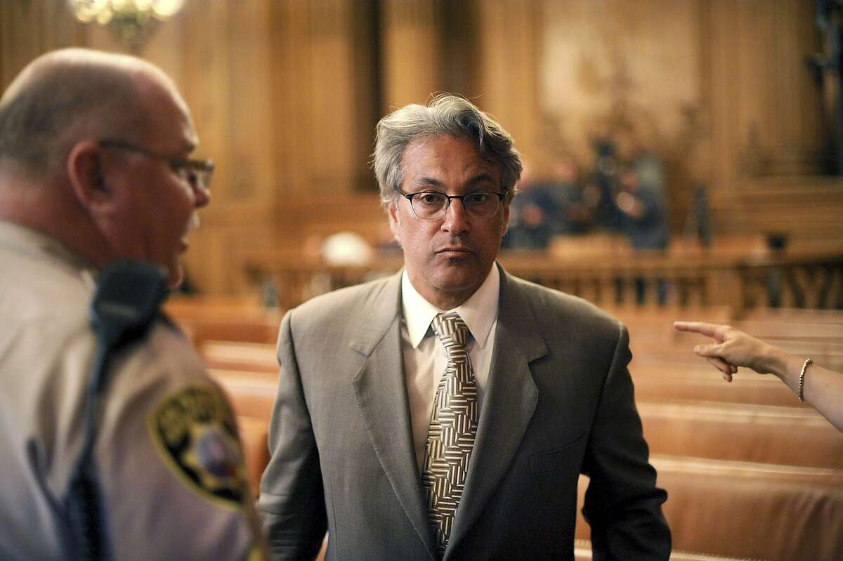 Suspended San Francisco Sheriff Ross Mirkarimi arrives at a Board of Supervisors meeting on Tuesday, Oct. 9, 2012, in San Francisco. The supervisors planned to vote on removing Mirkarimi from office following a domestic violence incident between Mirkarimi and his wife Eliana Lopez. (AP Photo/Noah Berger)