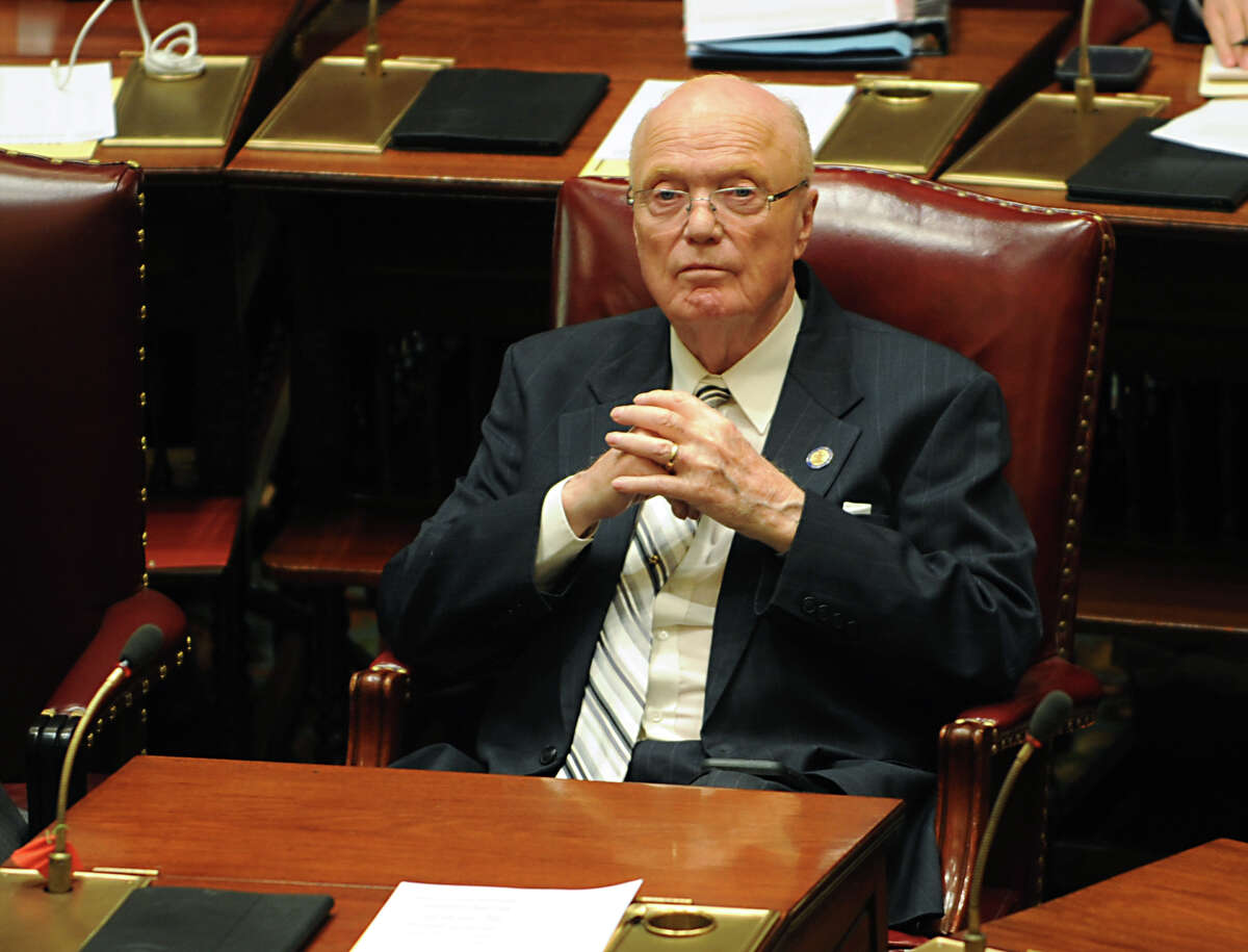 New York State Senator Hugh Farley sits in his seat during session in the senate chamber at the Capitol on Tuesday, May 3, 2016 in Albany N.Y. Farley, the state's longest serving state senator who has held his seat since 1977, announced he will not seek reelection. (Lori Van Buren / Times Union)