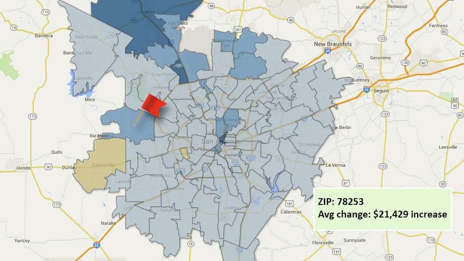 Map 2016 changes in residential property for Bexar County ZIP codes