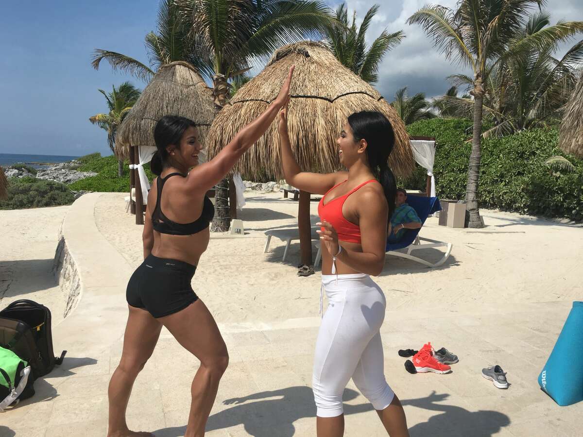 Ashley Gonzales and Chasity Morales demonstrate beach workouts in Solidaridad, Mexico on April 23, 2016. Click on to see some of their tips for getting in beach-ready shape.