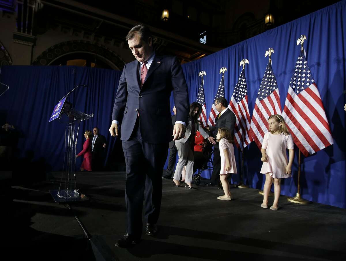 Republican presidential candidate, Sen. Ted Cruz, R-Texas, walks off the stage following a primary night campaign event, Tuesday, May 3, 2016, in Indianapolis. (AP Photo/Darron Cummings)