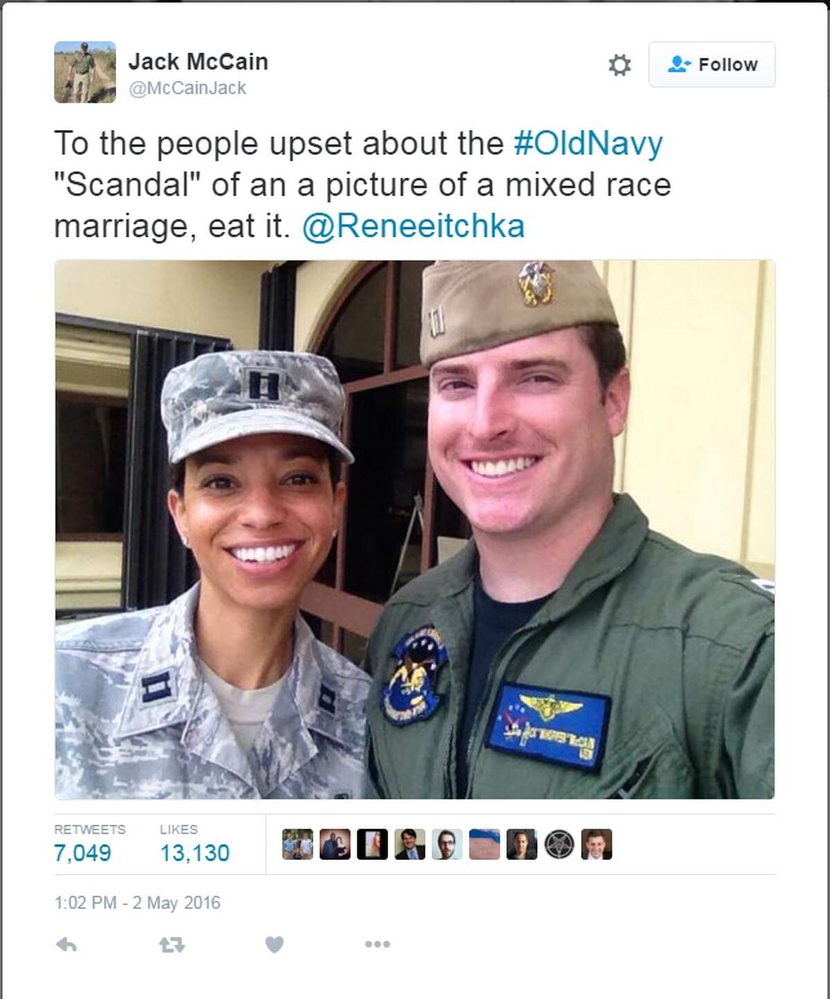 Navy Lt. Jack McCain responds to racists outraged by Old Navy advertisement featuring a multiracial by posting a picture of he and his wife, Air Force Reserve Cpt. Renee Swift McCain.   Photo via Jack McCain's Twitter account.