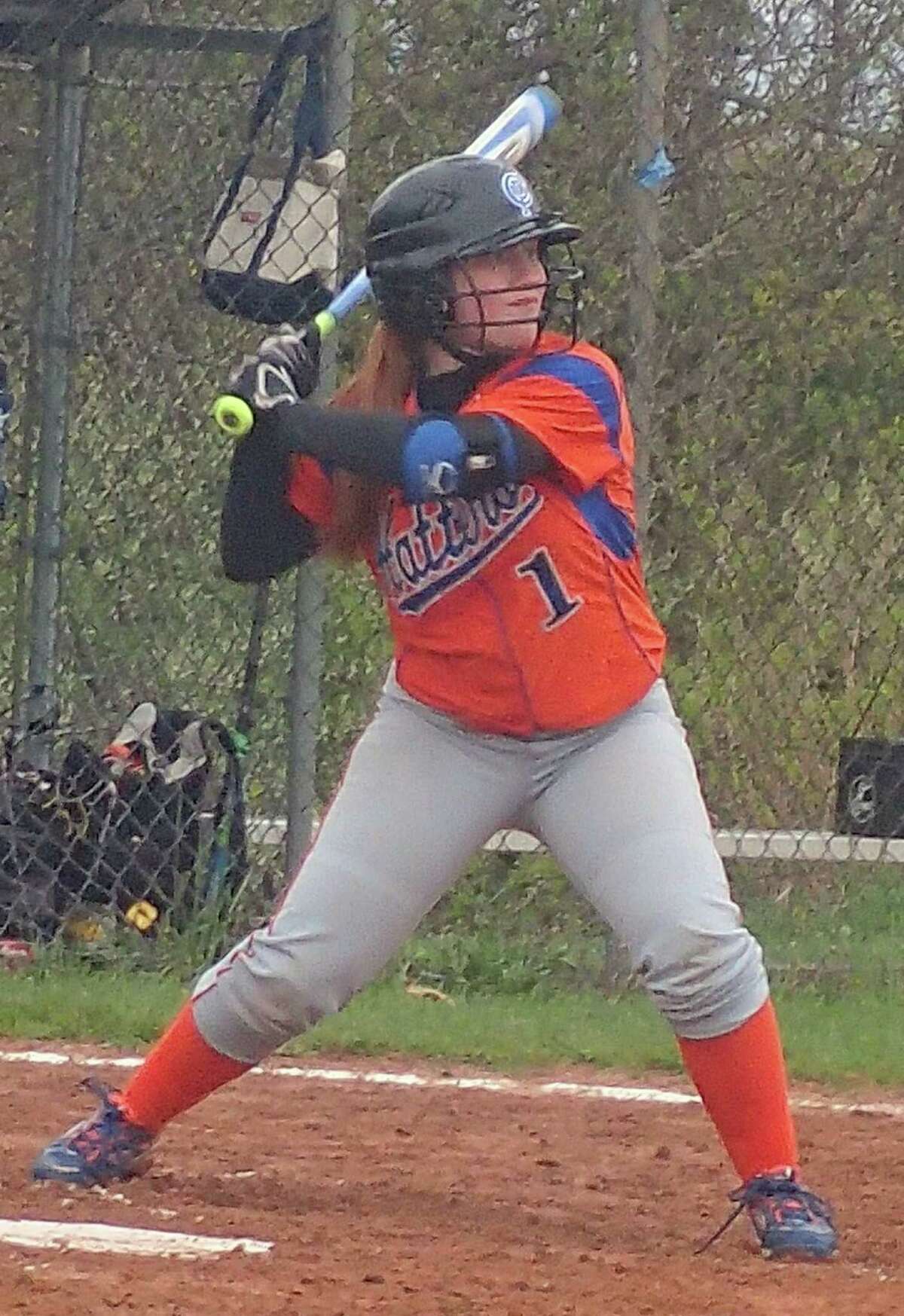 Danbury's Alyssa Timan had a single and a sacrifice bunt in the Hatters' 12-6 softball victory over Trinity Catholic at Danbury High School May 4, 2016.