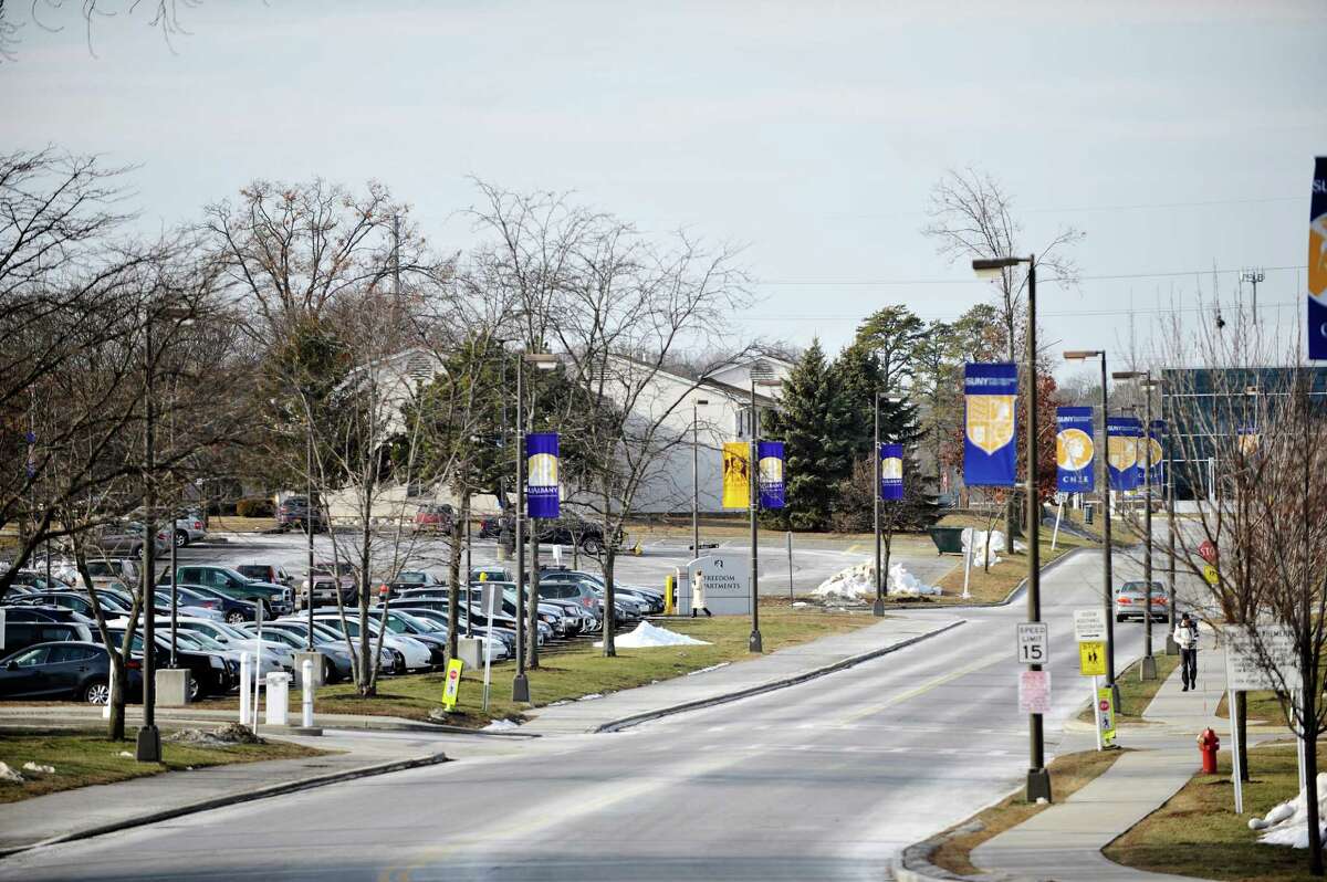 A view of the area on the Colleges of Nanoscale Science and Engineering at SUNY Polytechnic Institute campus where SUNY Poly plans to build their first dorm, seen here on Monday, Jan. 25, 2016, in Albany, N.Y. The dorm would be situated just past the parking lot. (Paul Buckowski / Times Union)