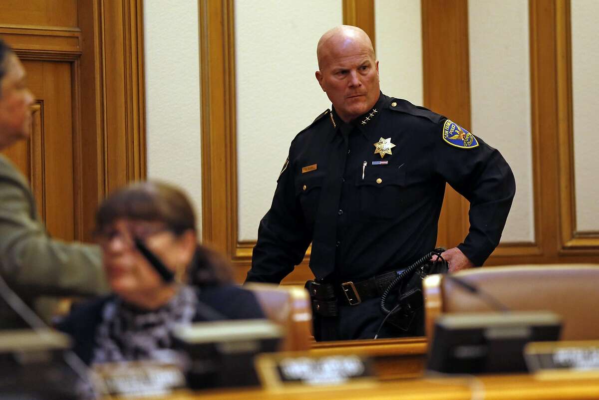 San Francisco Police Chief Greg Suhr leaves SF Police Commission meeting after protesters disrupted meeting at City Hall in San Francisco, Calif., on Wednesday, May 4, 2016.