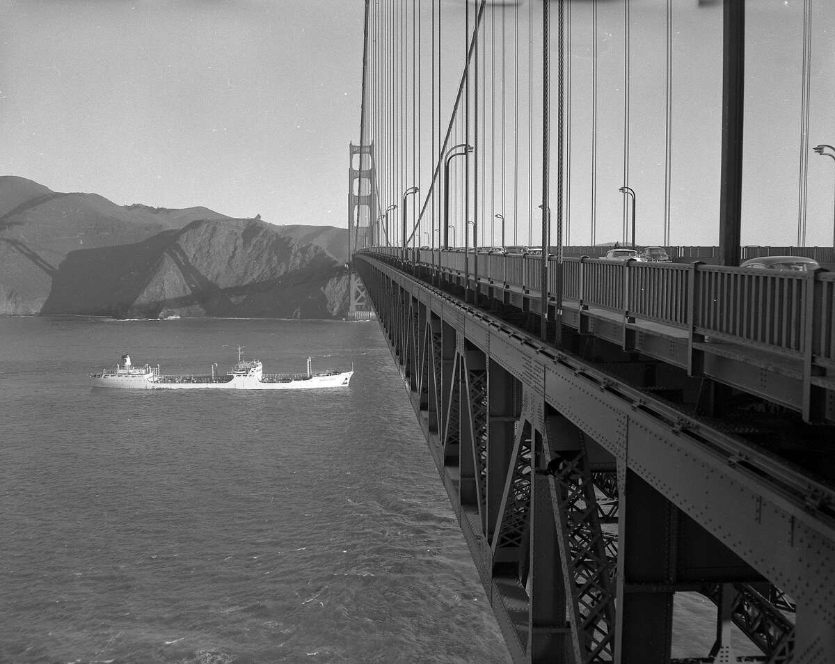 The S.S. Angelo Petri in distress off the San Francisco coast. being towed back into the bay under the Golden Gate Bridge 02/12/1960,