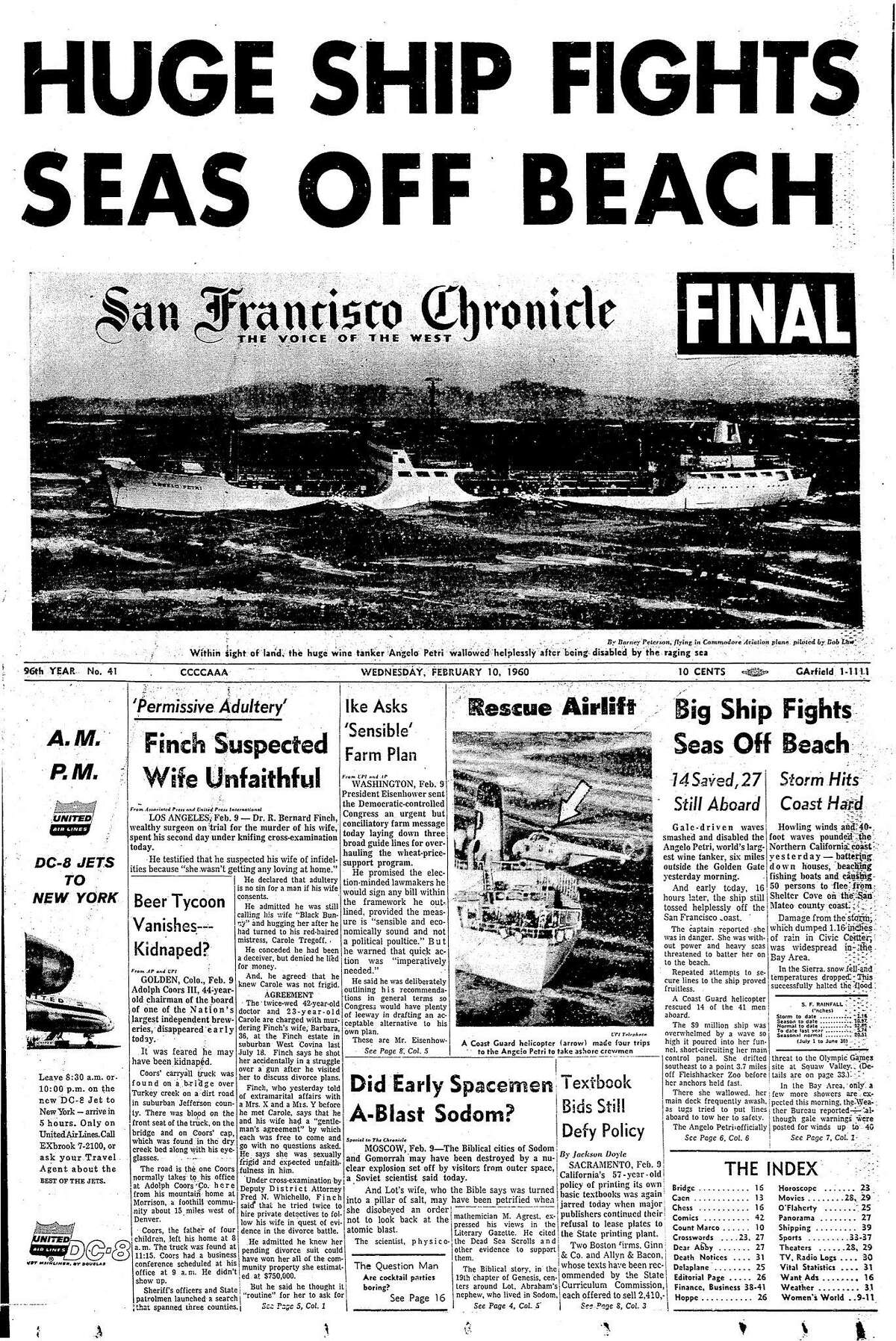 The S.S. Angelo Petri in distress off the San Francisco coast. Front page 02/10/1960,