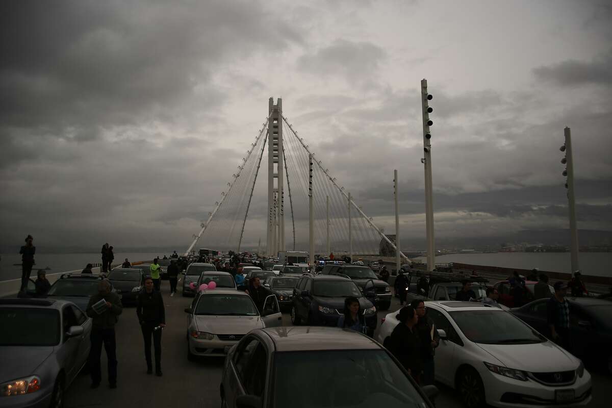 Traffic congestion is seen on the eastern span of the San Francisco-Oakland Bay Bridge as protestors block traffic during a demonstration against police brutality on the in Oakland, California on January 18, 2016.